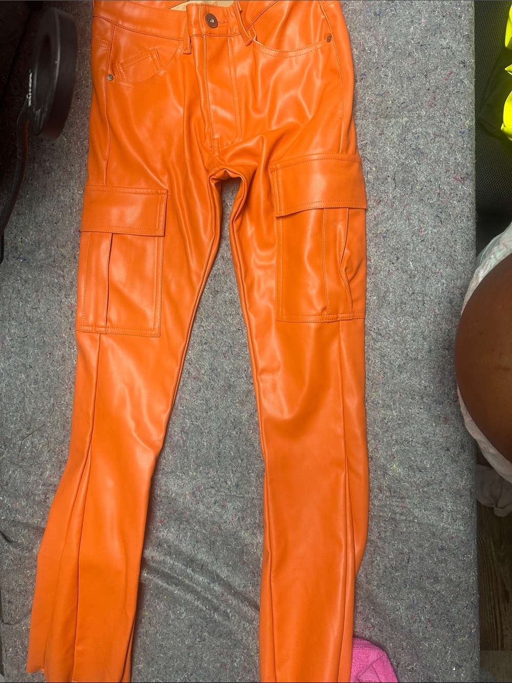 Men's Orange Faux Leather Cargo Pants - Modern Utility Style